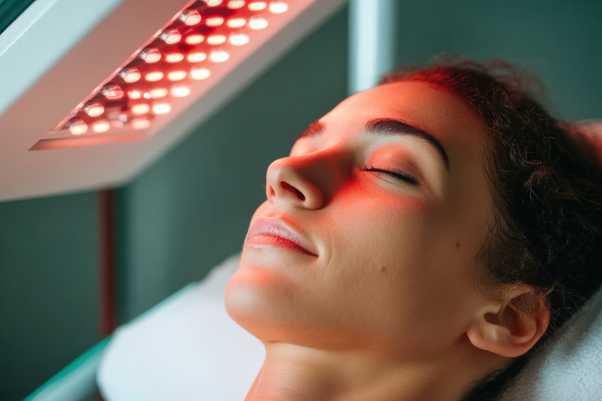 A woman resting calmly beneath a red light therapy panel at Revitalife Lab